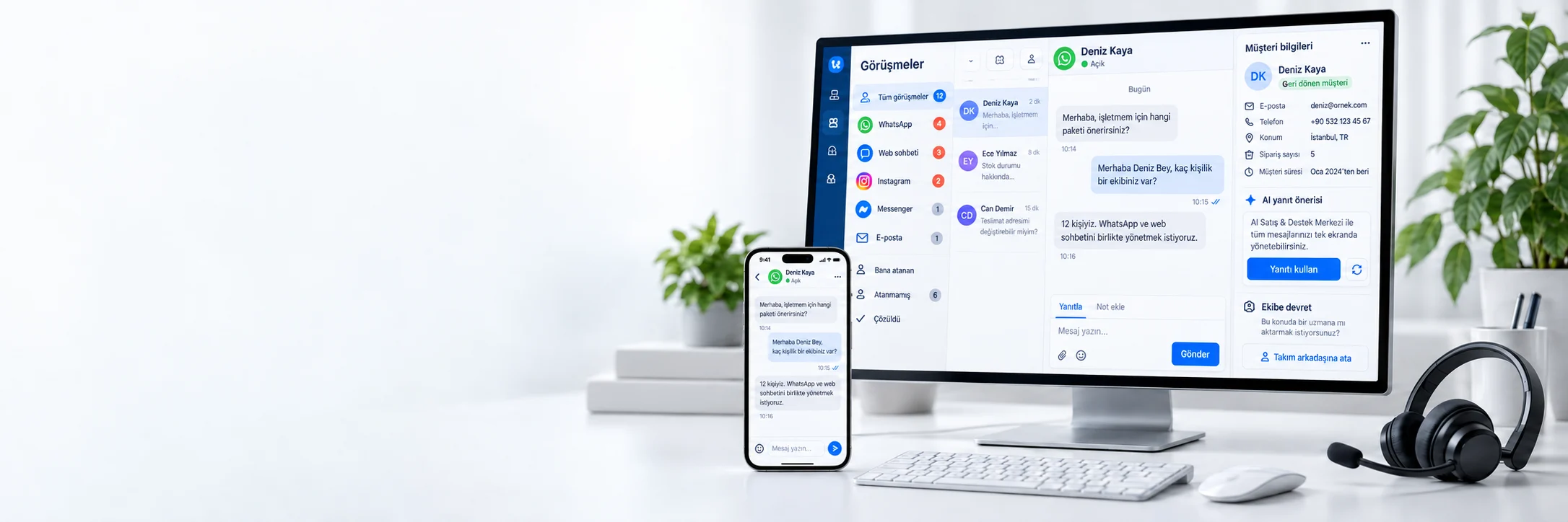 Chatwoot üzerinde Türkçe müşteri görüşmesi, WhatsApp kanalları ve yapay zeka yanıt önerisi