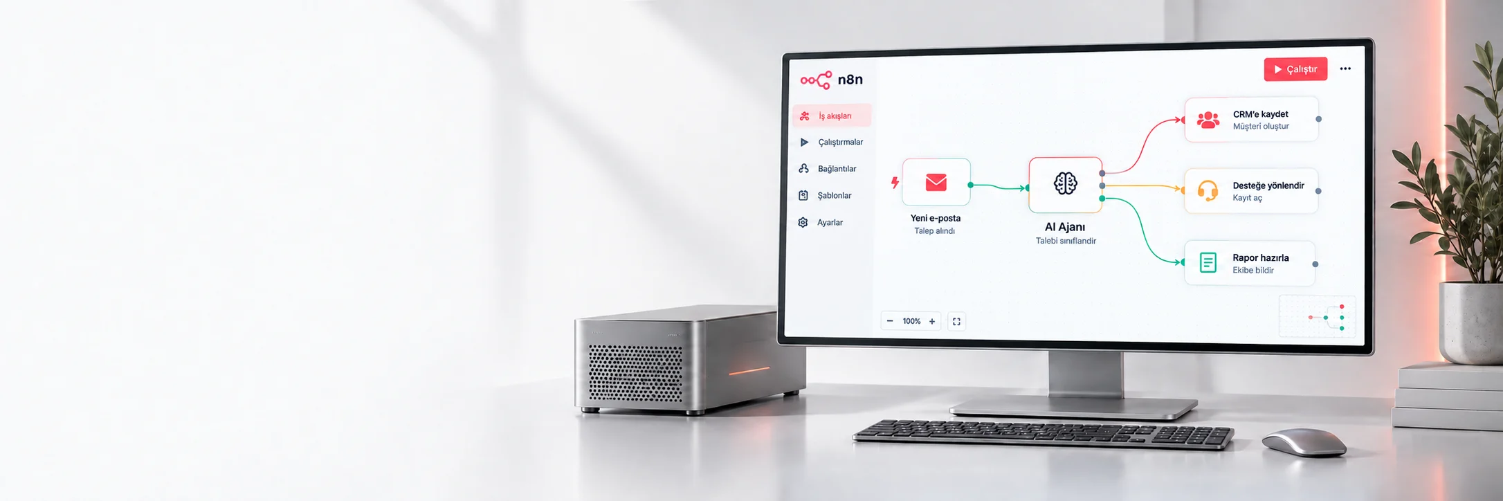n8n Türkçe iş akışı: e-posta, AI ajanı, CRM, destek ve raporlama bağlantıları